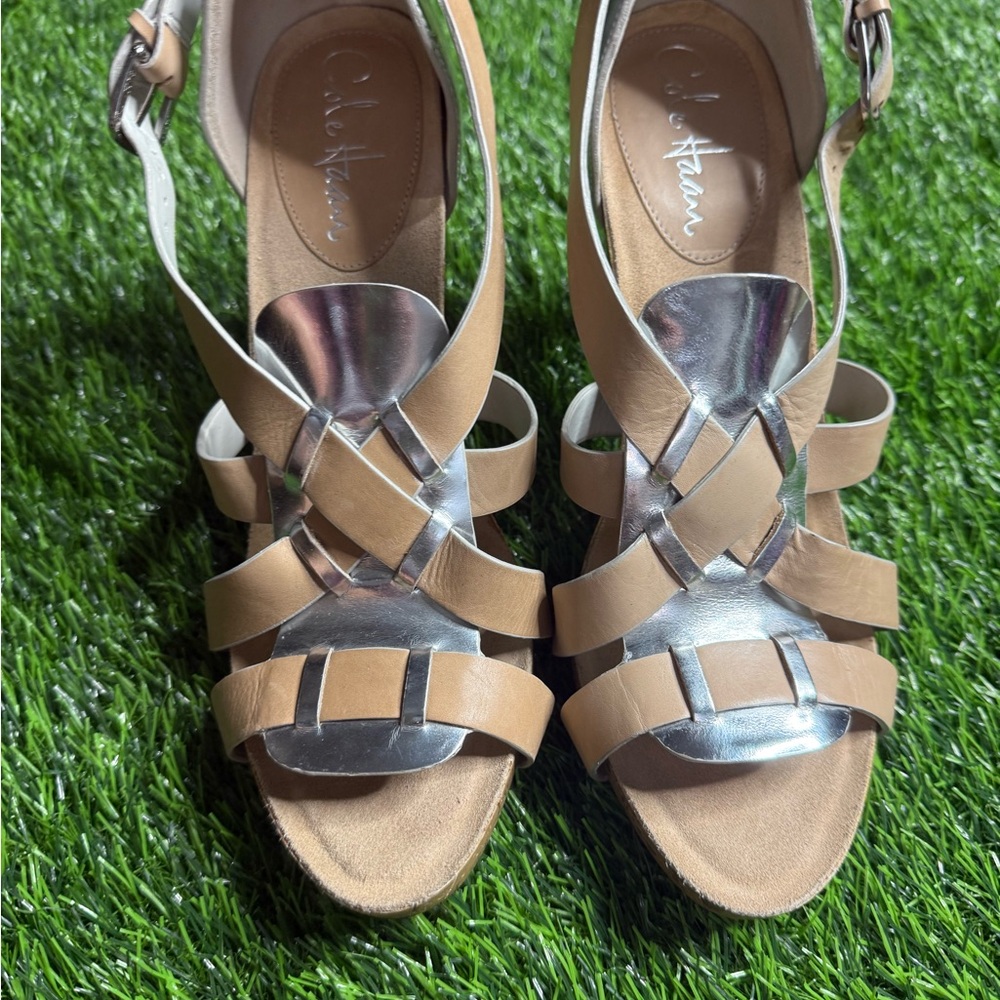$230 Cole Haan Air Jocelyn Sandal Heel Shoes Women's 8.5 4 in heel tan & silver